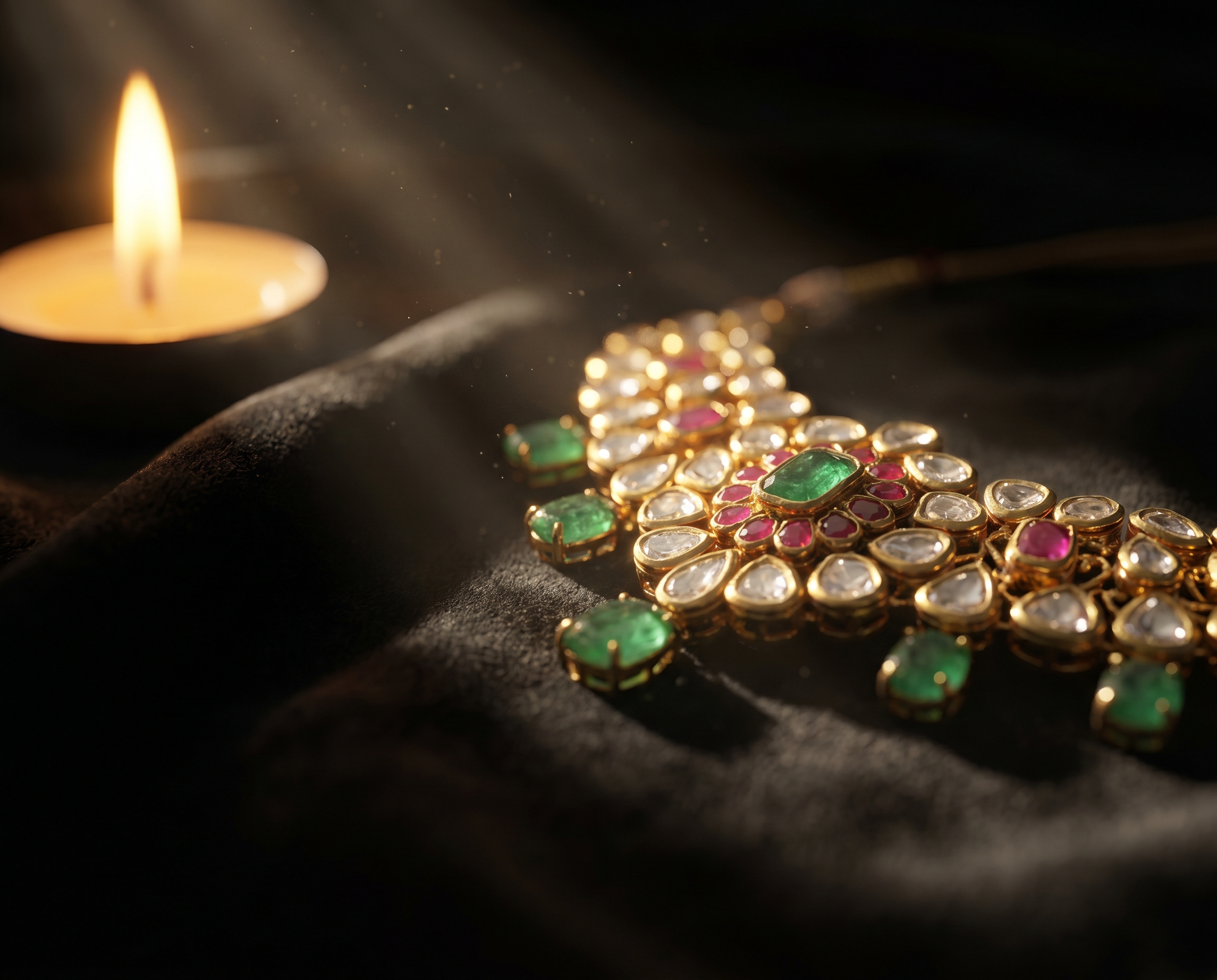 Macro close-up of intricate Indian kundan jewellery on dark velvet